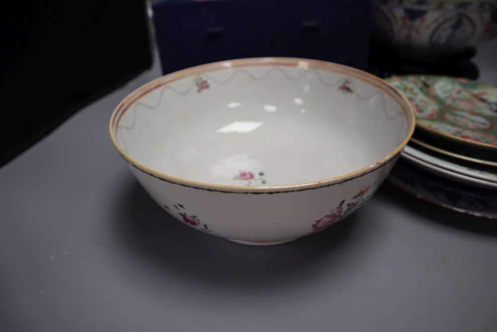 A group of Chinese and Japanese porcelain bowls and plates, 18th century and later, together with a Chinese hardstone censer and cover,